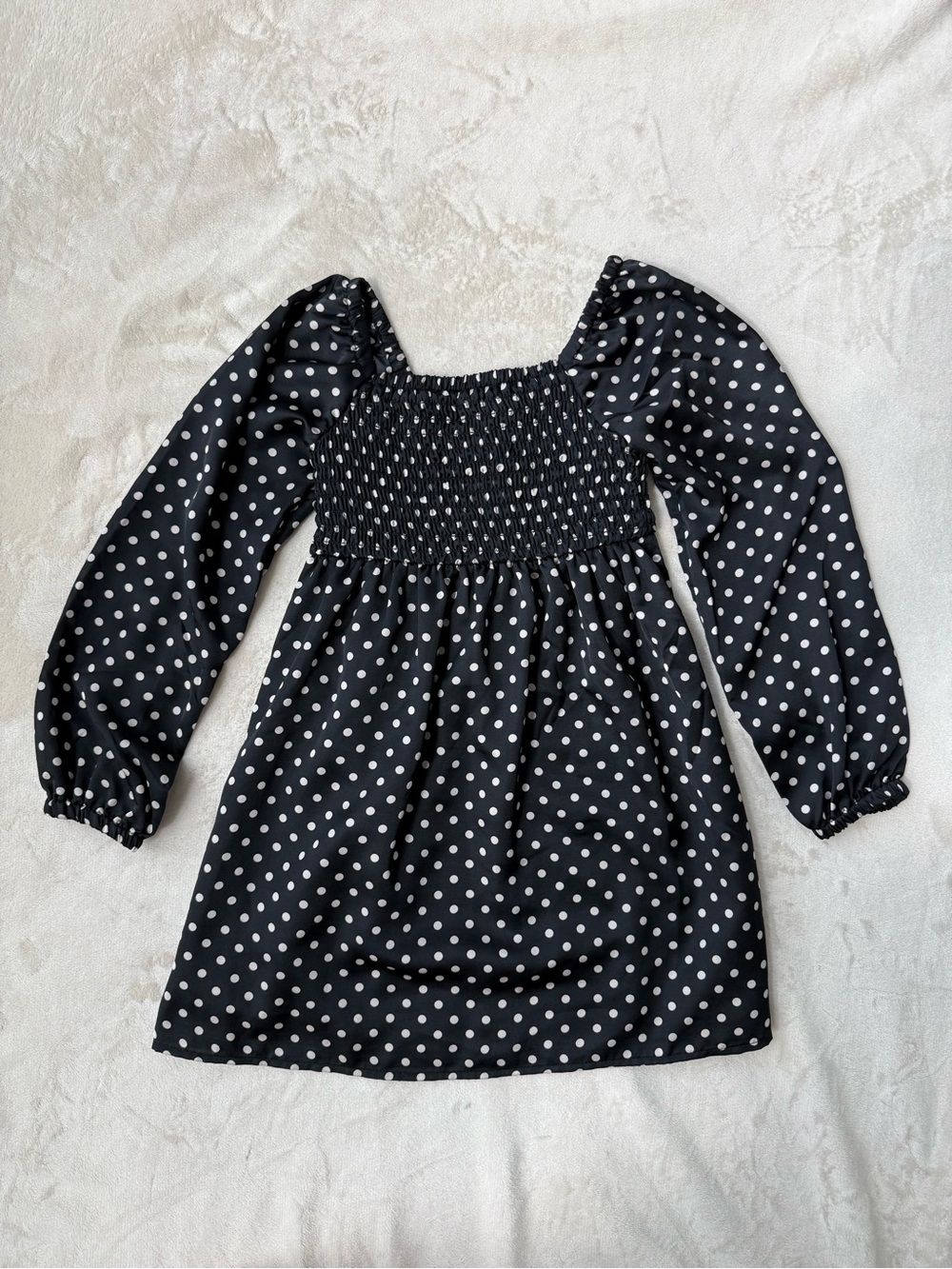 GAP Black and White Polka Dot Smocked Long-Sleeve Dress